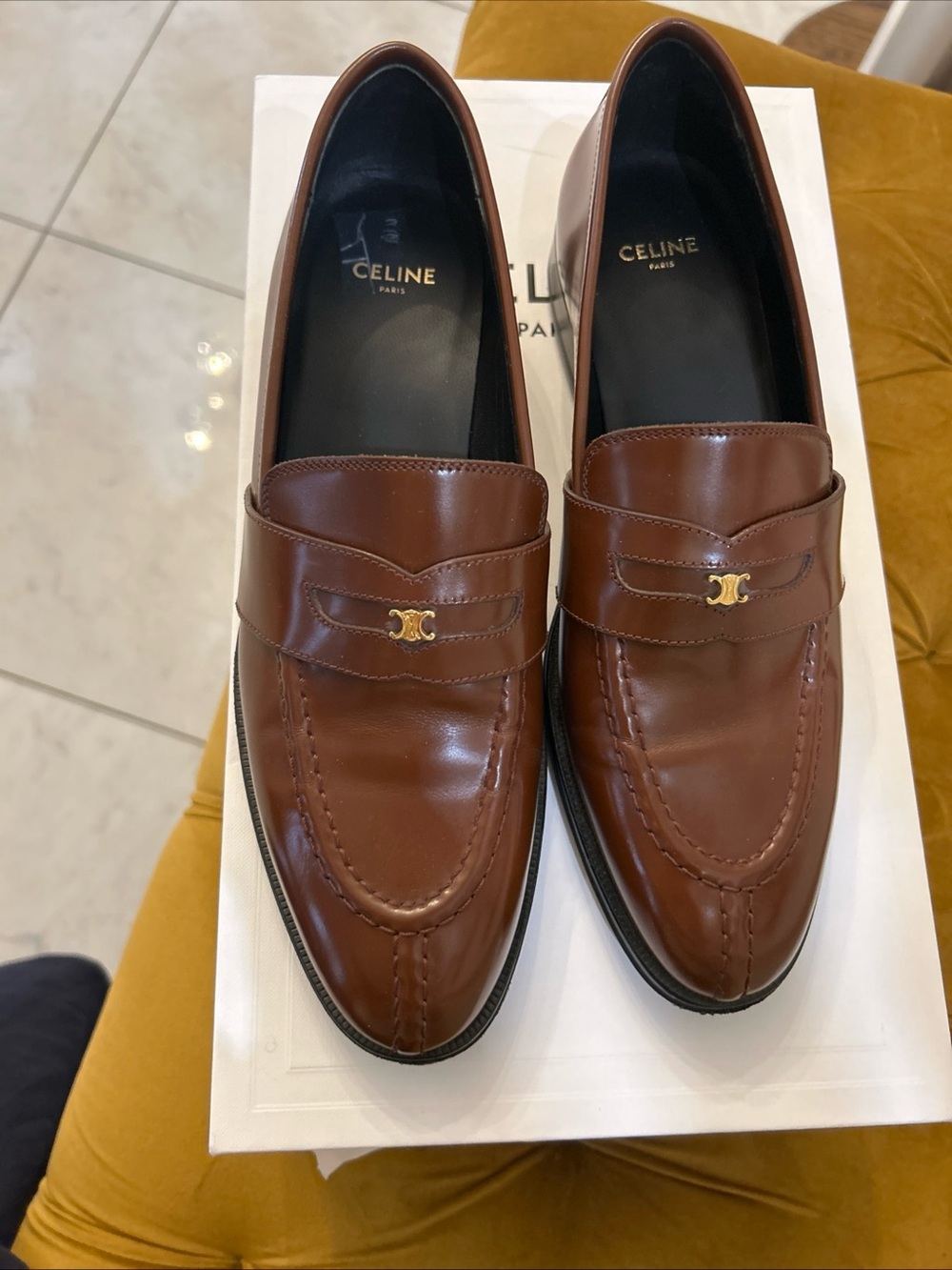 Celine Brown Leather Penny Loafers with Gold Logo Hardware - Picture 6 of 6